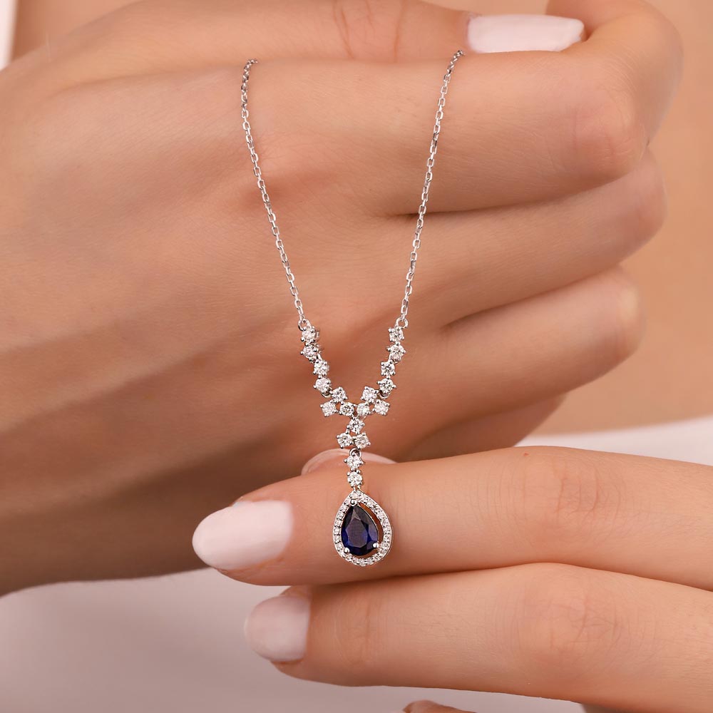 1,20 Karat Laboratuvar Pırlanta Damla Safir Kolye - FP03841