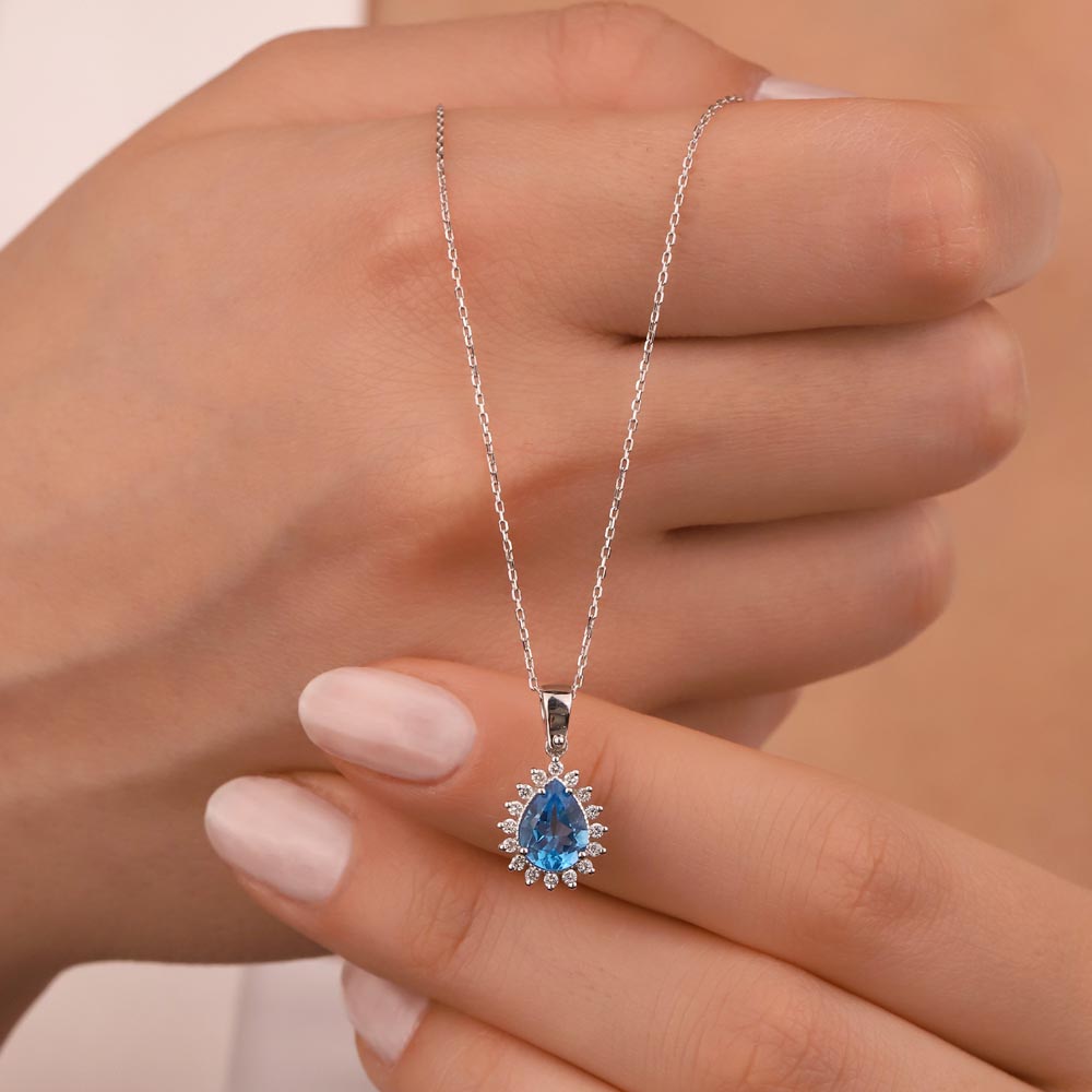 1.40 Karat Laboratuvar Pırlanta Damla London Blue Topaz Kolye - FP11681