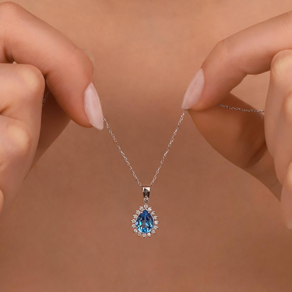 1.40 Karat Laboratuvar Pırlanta Damla London Blue Topaz Kolye - FP11681