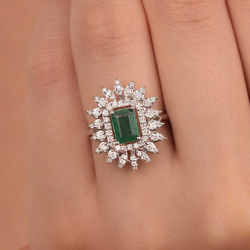 1,55 Karat Laboratuvar Pırlanta Oktagon Kesim Jasmine Zümrüt Yüzük - FP05194