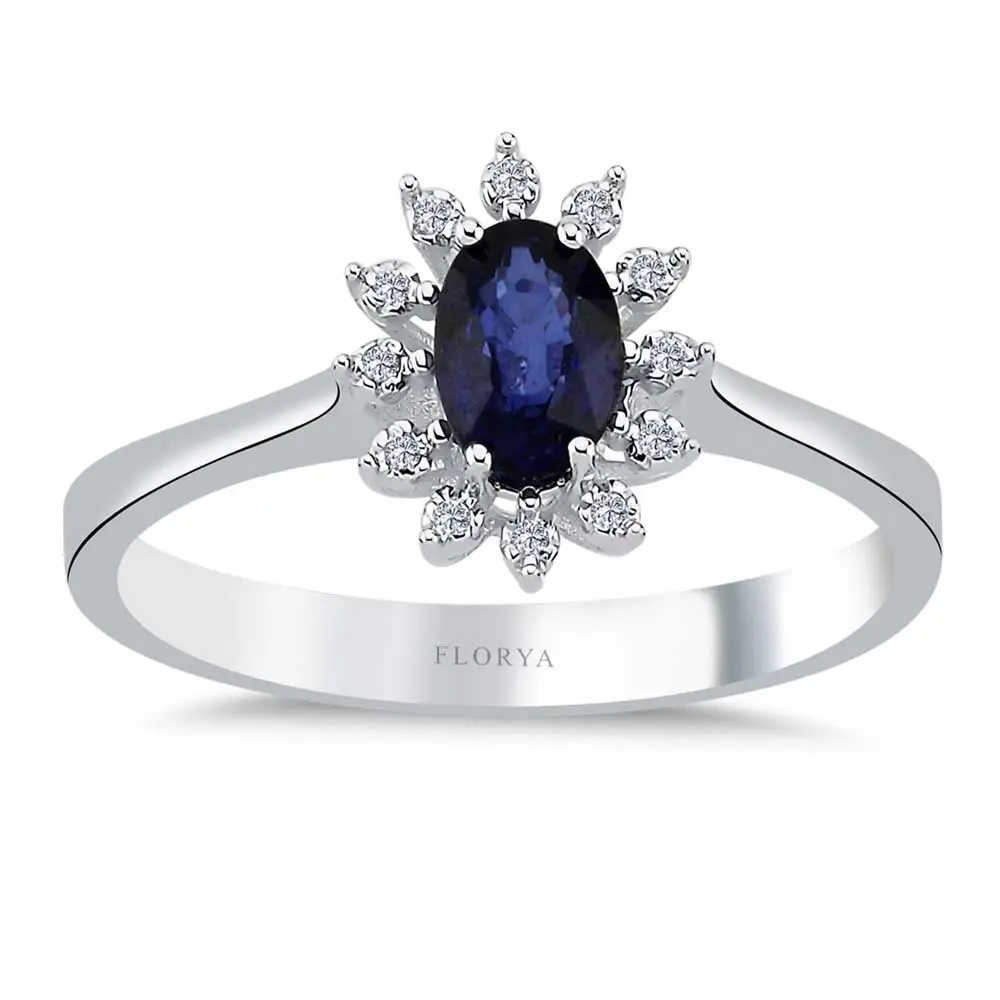 0.58 Karat Pırlantalı Oval Safir Taşlı Anturaj Yüzük