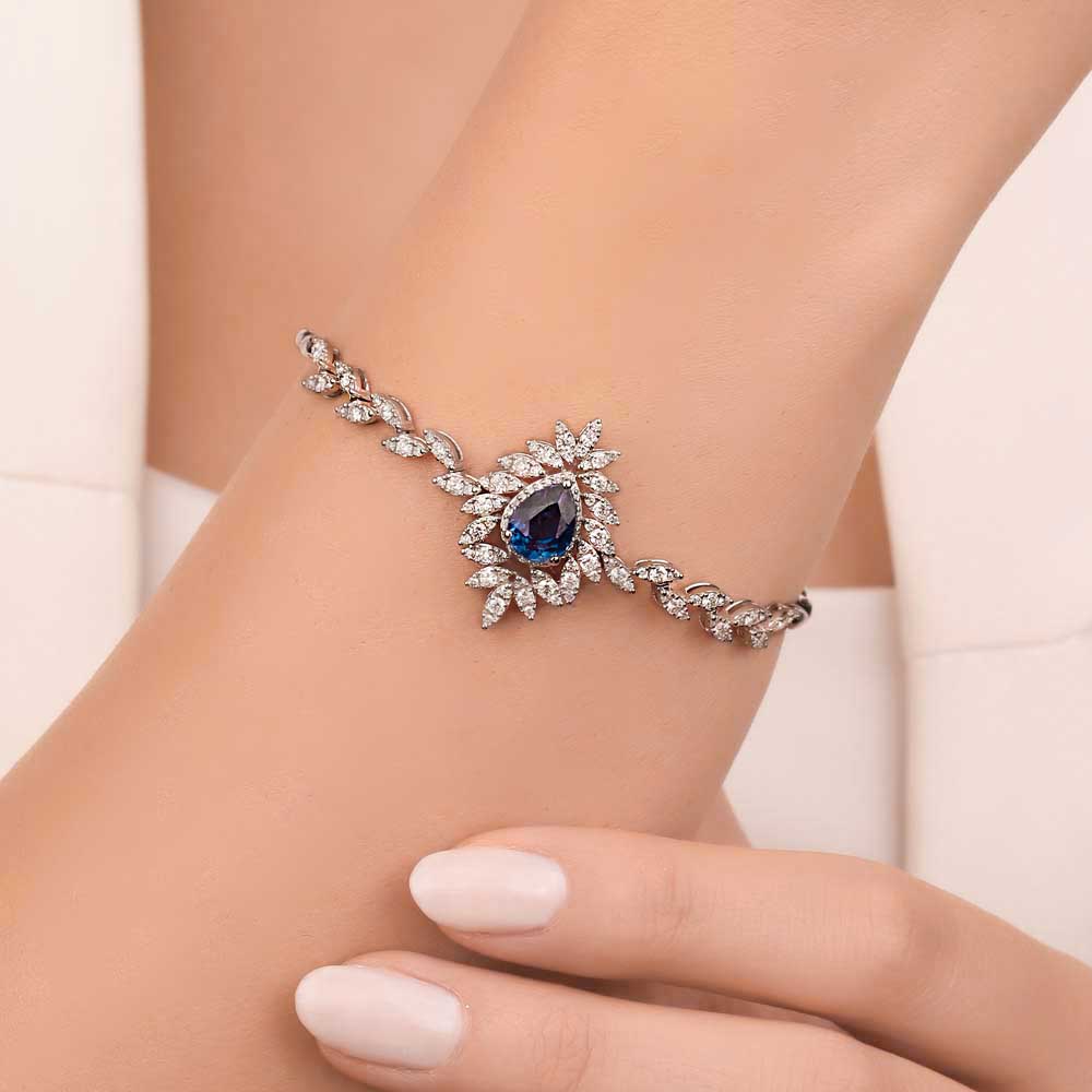 Safir Bileklikler 3,35 Karat Laboratuvar Pırlantalı Damla Safir Taşlı Bileklik