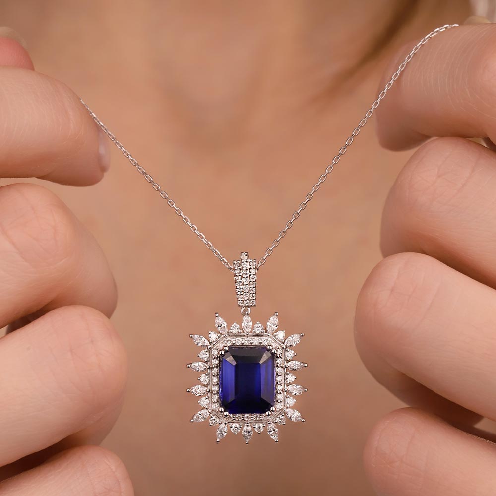 Safir Kolyeler 7,00 Karat Laboratuvar Pırlanta Özel Tasarım Safir Kolye