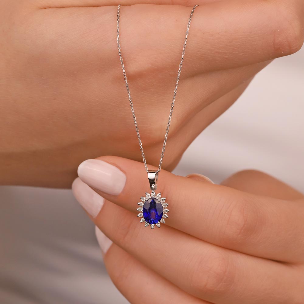 0,75 Karat Laboratuvar Pırlantalı Safir Taşlı Kolye
