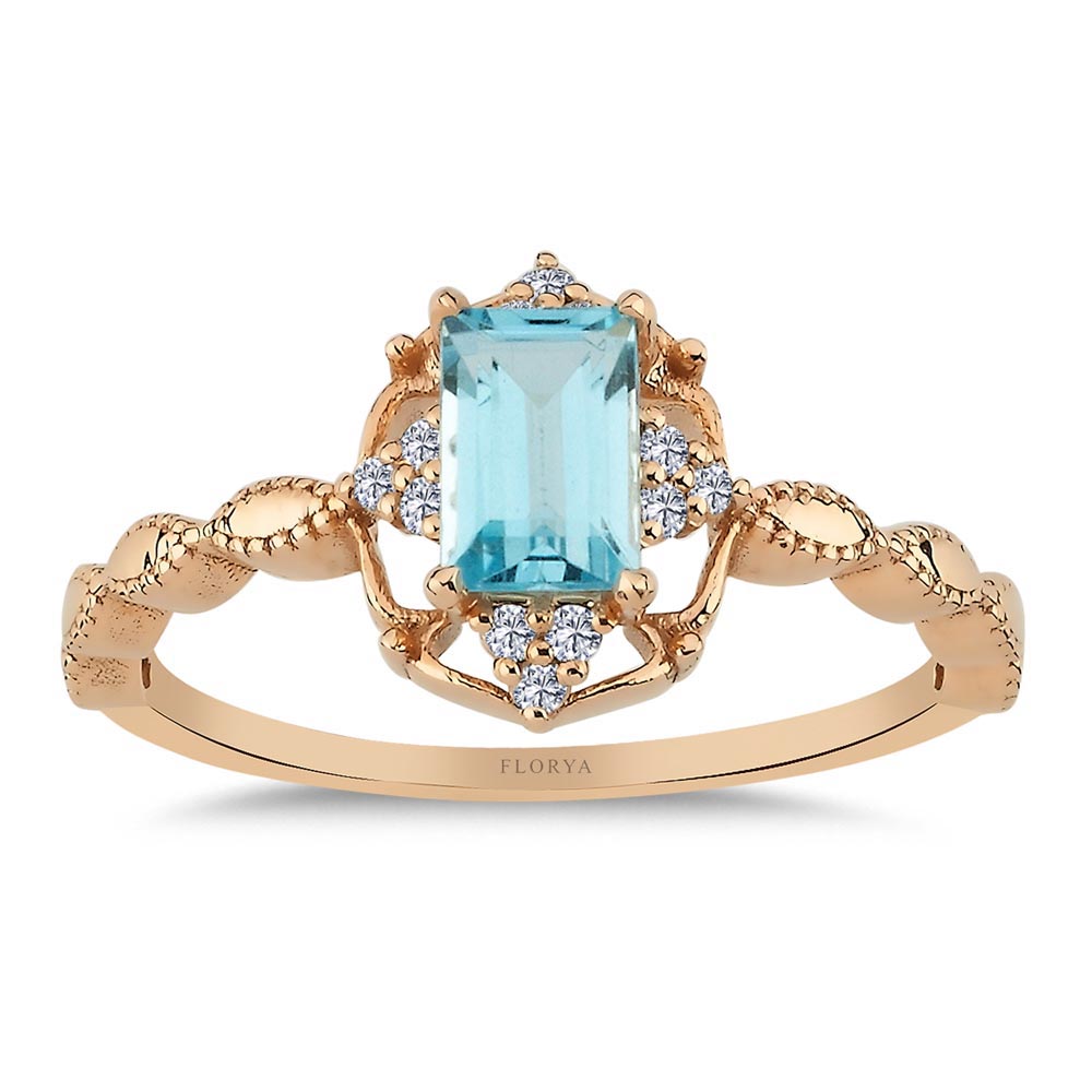 Renkli Taşlı Yüzükler 0,75 Karat Laboratuvar Pırlanta Vintage Sky Blue Topaz Yüzük