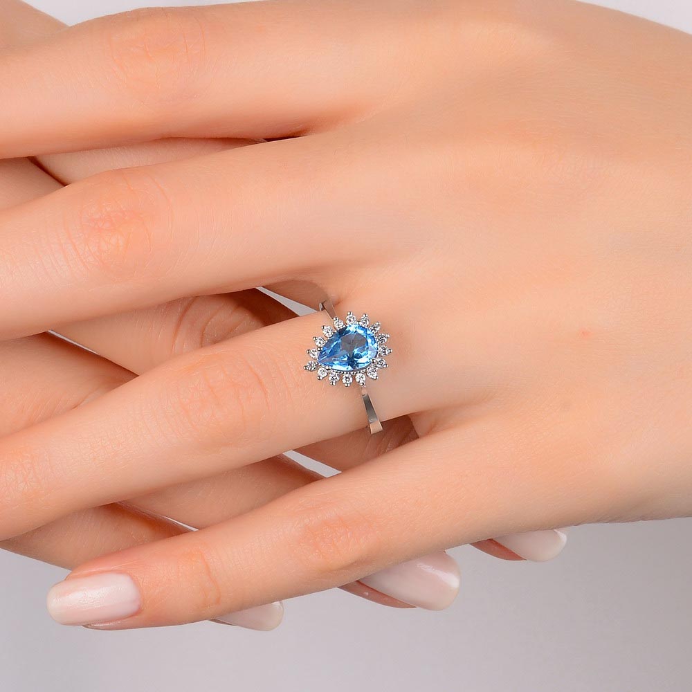 Renkli Taşlı Yüzükler 1.12 Karat Laboratuvar Pırlanta Damla Blue Topaz Yüzük