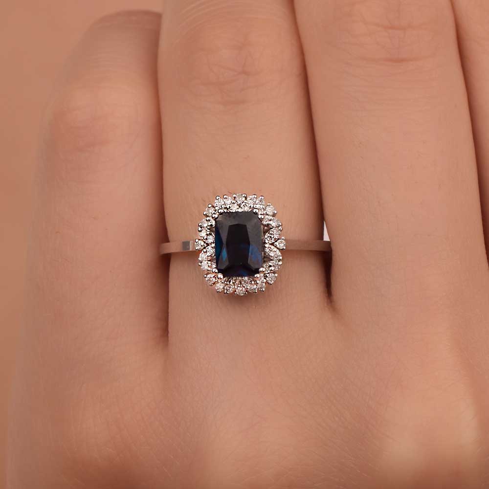 Safir Yüzükler 0,95 Karat Laboratuvar Pırlanta Baget Royale Safir Yüzük