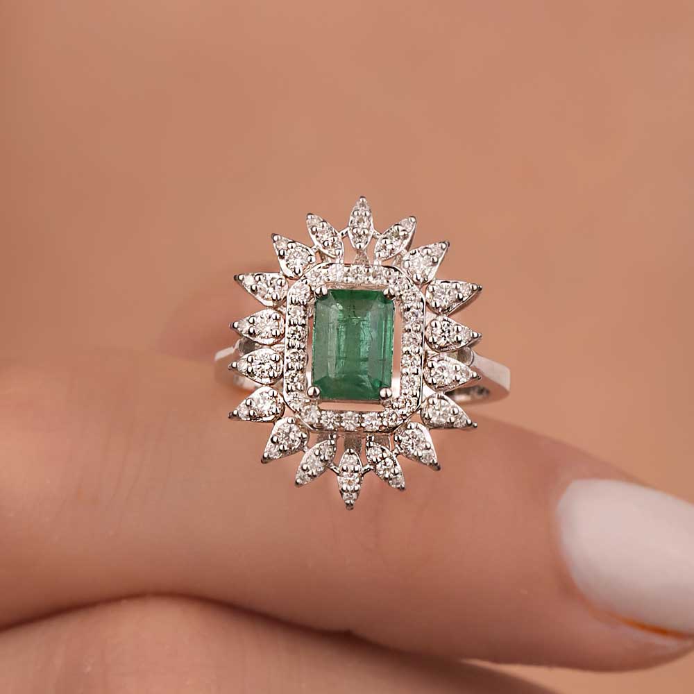 1,55 Karat Laboratuvar Pırlanta Oktagon Kesim Jasmine Zümrüt Yüzük