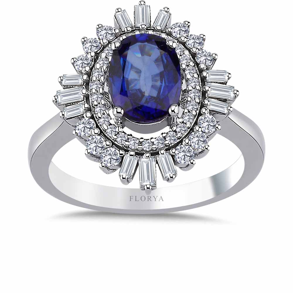 Safir Yüzükler 2,28 Karat Laboratuvar Pırlanta Oval Safir Yüzük